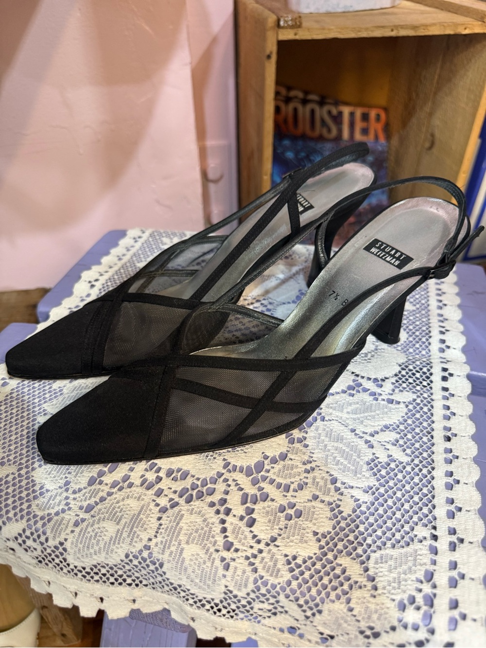 Stuart Weitzman Black Mesh Pointed Slingback Heels size 7.5